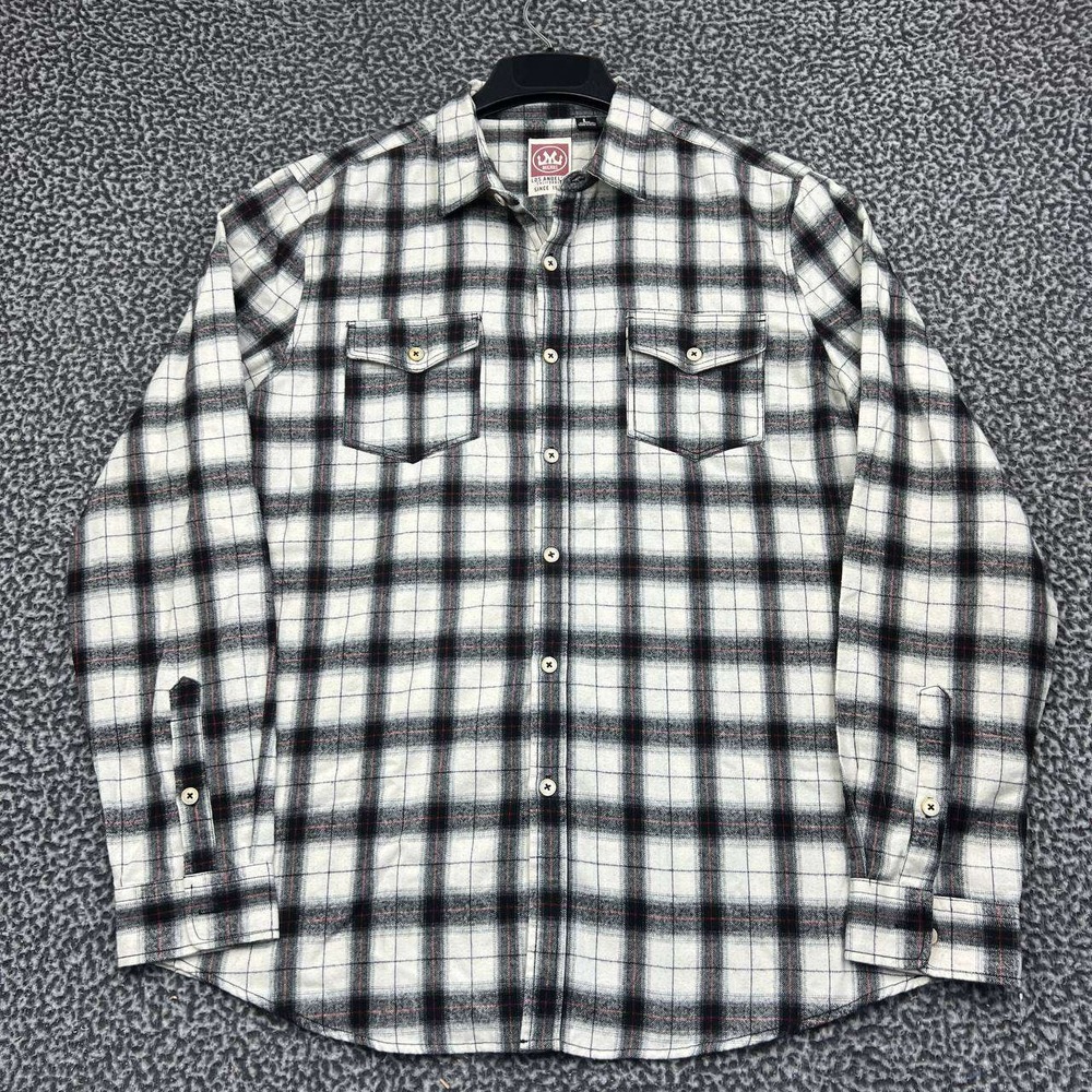Micros Los Angeles Button Up Shirt Men Large White Black Red Plaid Flannel L